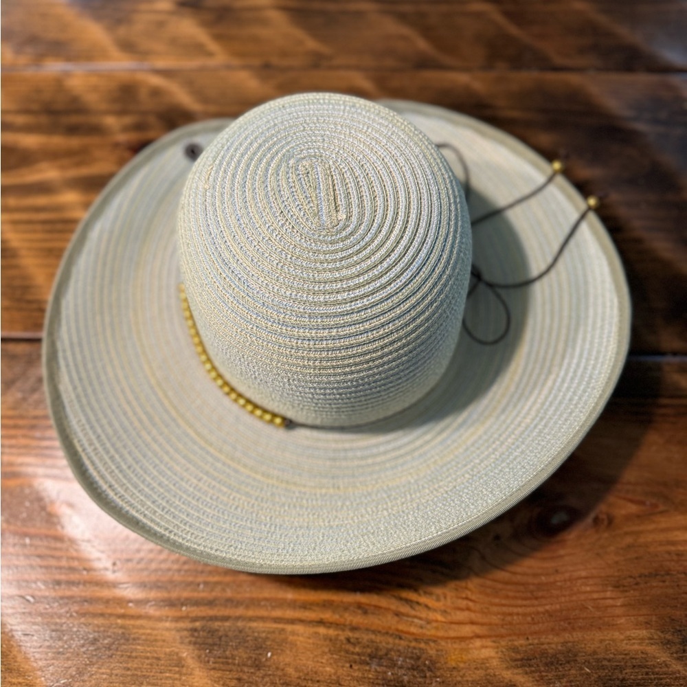 Peter Grimm Light Beige Straw Sun Hat with Brown Chin Cord and Gold Beads